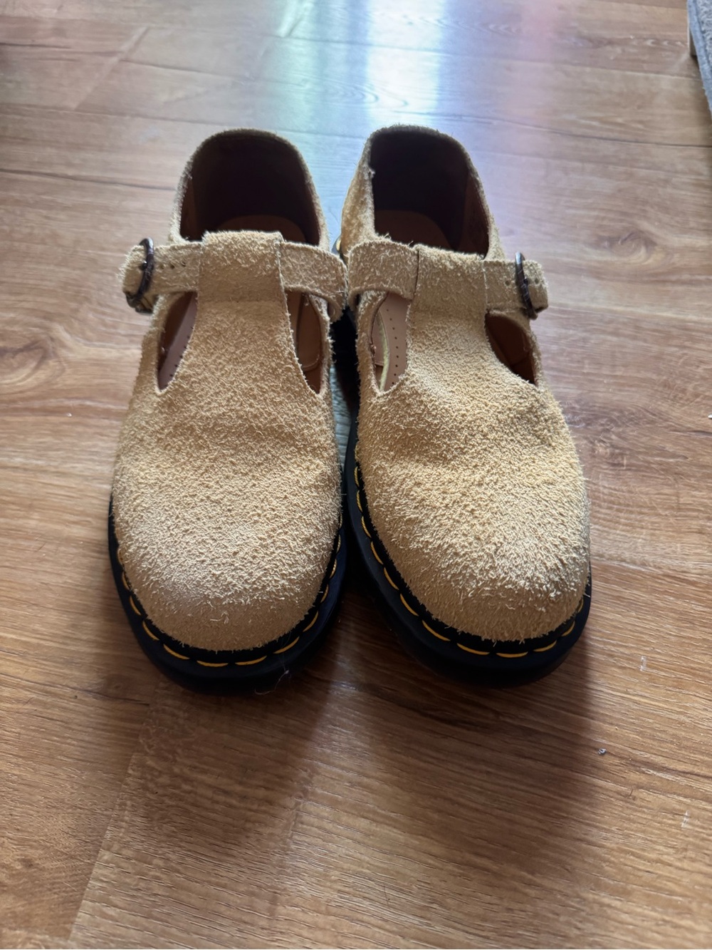 Dr. Martens Yellow Napped Suede Mary Jane Shoes with Black Sole